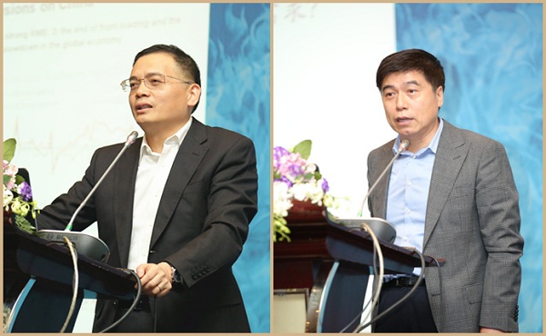 野村证券中国区首席经济学家陆挺(左)、复旦大学世界经济研究所所长万广华(右)